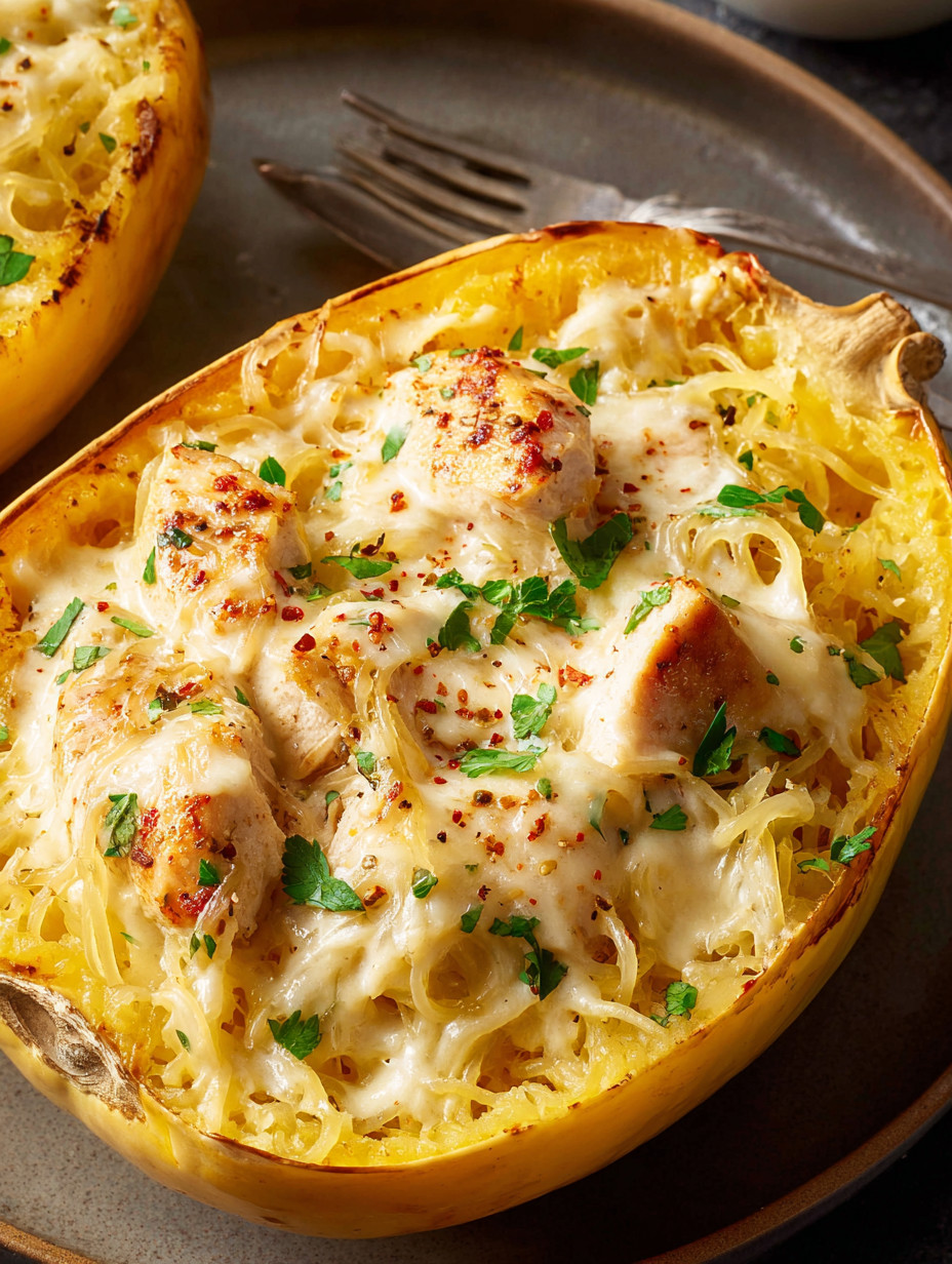 A dish of chicken alfredo spaghetti squash.
