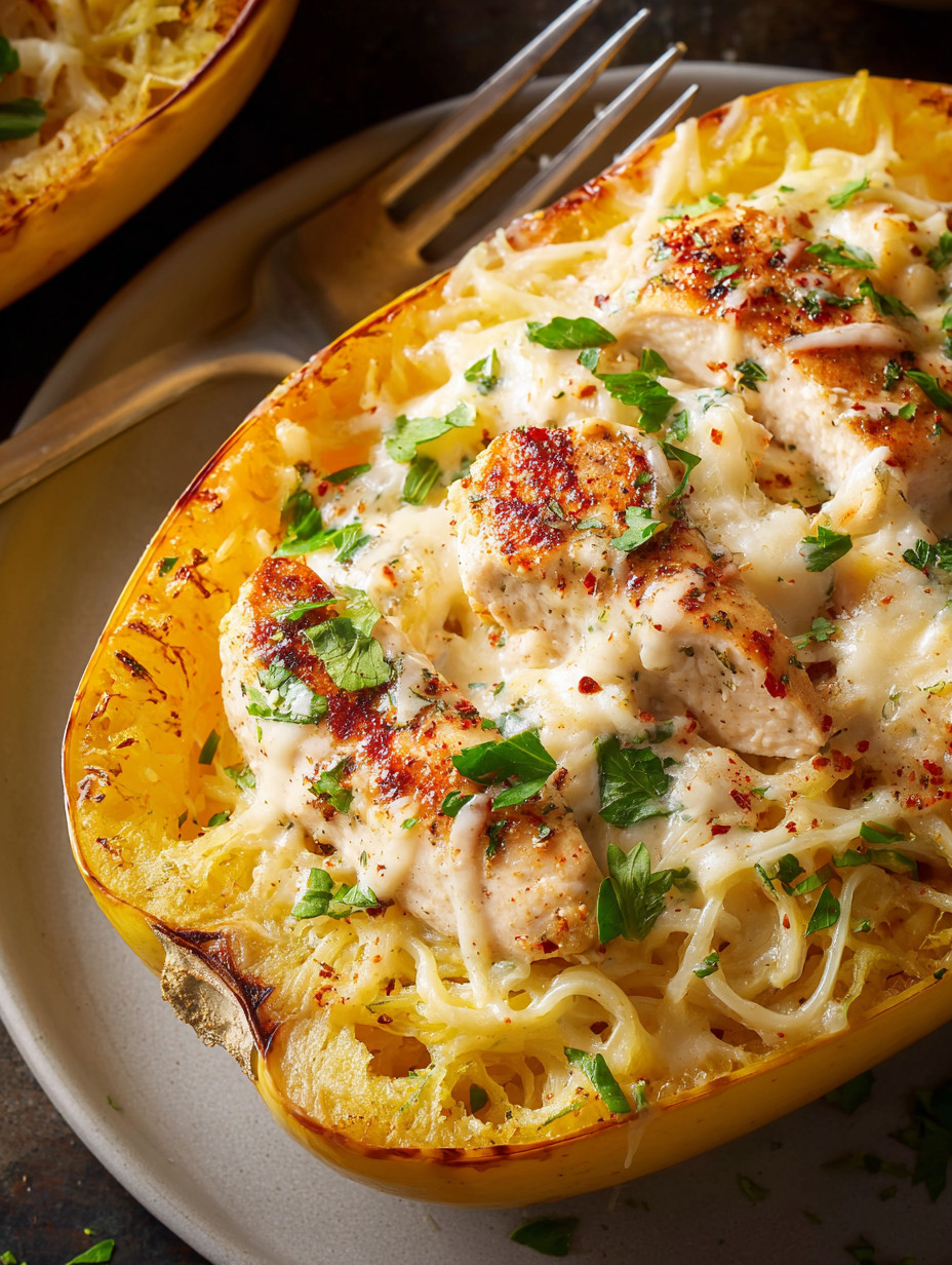 A dish of chicken alfredo spaghetti squash.