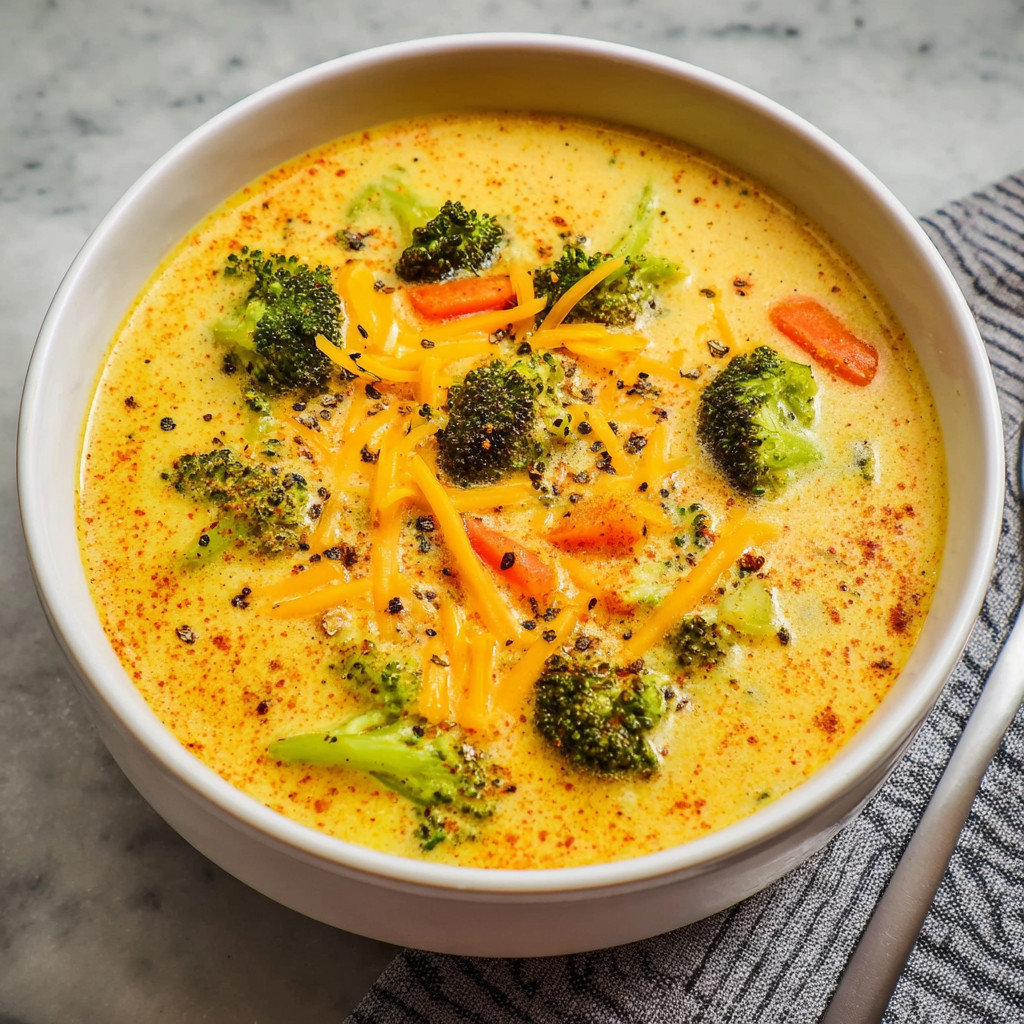 A bowl of soup with broccoli and cheese.