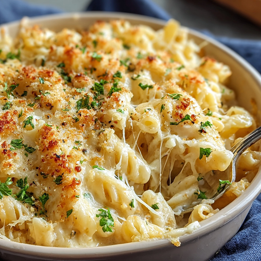 A bowl of garlic Parmesan pasta bake.