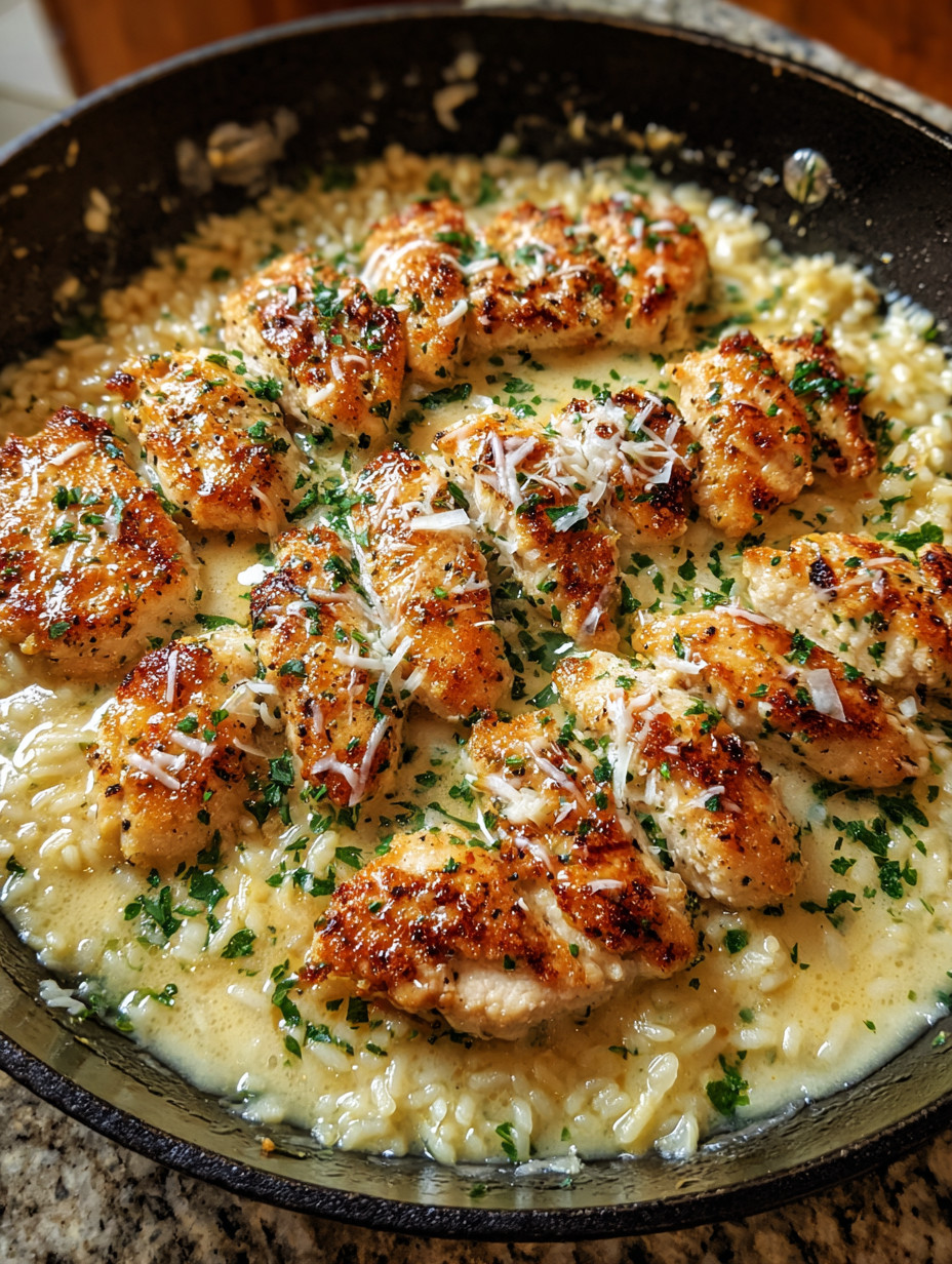 A pan of garlic Parmesan chicken scampi.