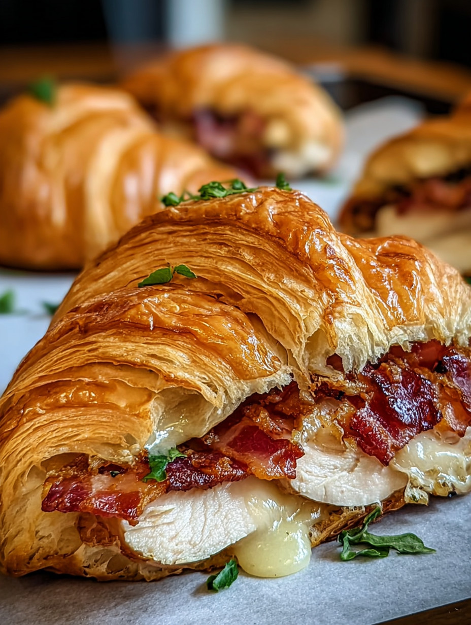 A close up of a croissant filled with bacon and cheese.