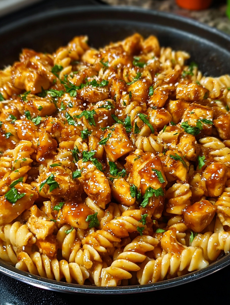 A dish of pasta with chicken and sauce.