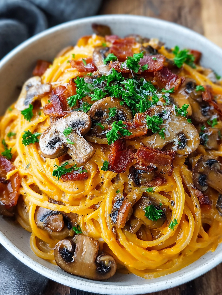 A bowl of spaghetti with mushrooms and bacon.