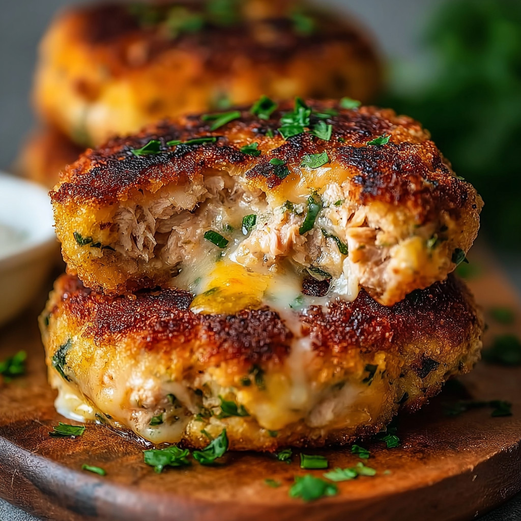 Two tuna melt patties on a wooden cutting board.