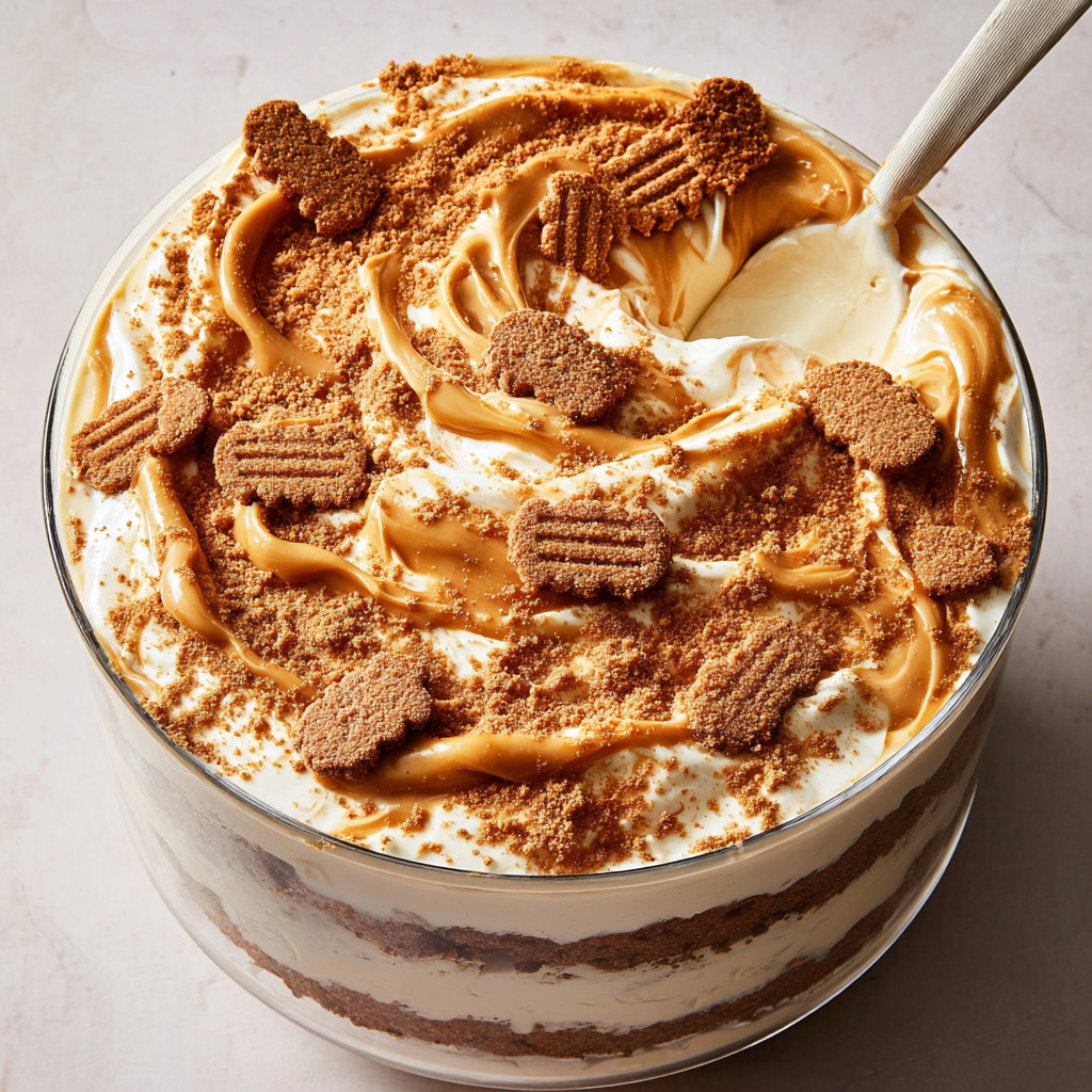 A glass dish filled with a dessert topped with crumbs.