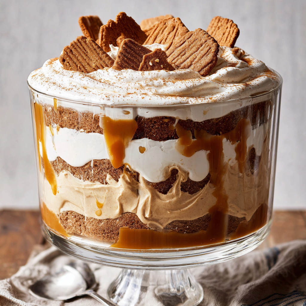 A glass dish filled with Biscoff Trifle.