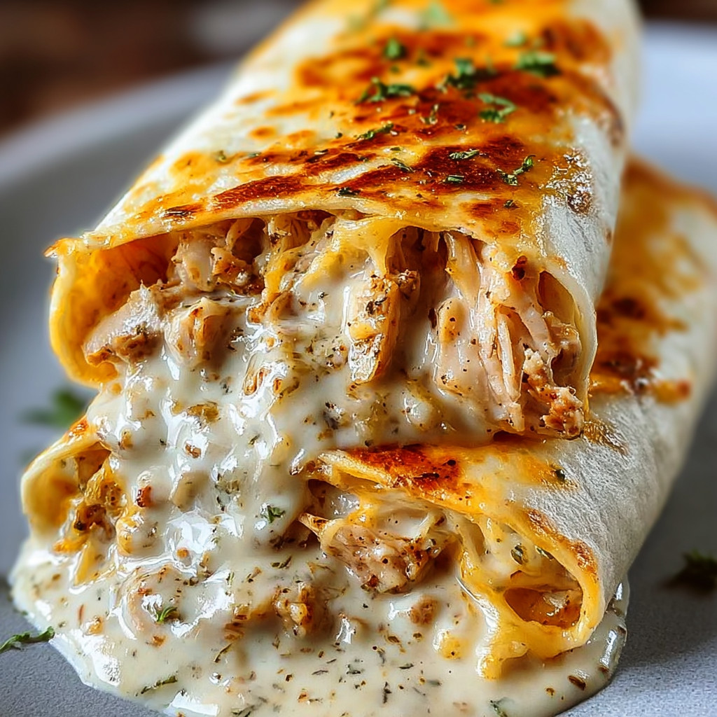 A cheesy garlic chicken wrap on a plate.