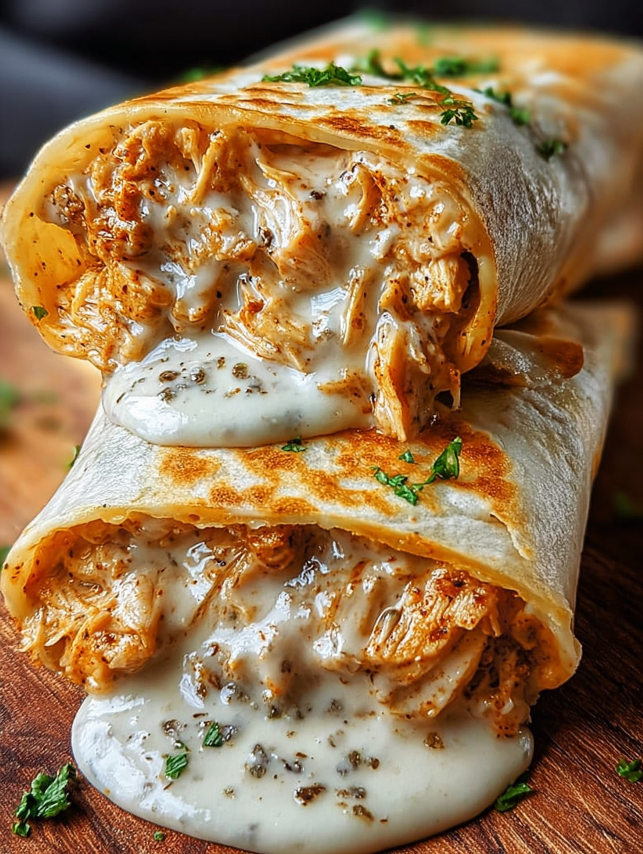A cheesy garlic chicken wrap on a wooden table.