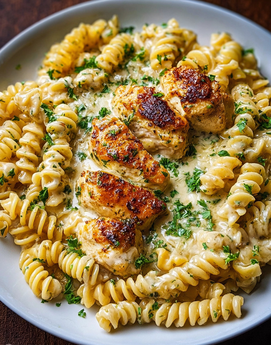 A plate of creamy garlic parmesan chicken and cheesy twisted pasta.