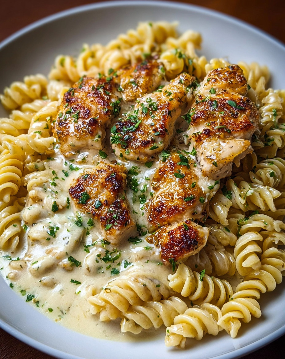 A plate of food with chicken and pasta.