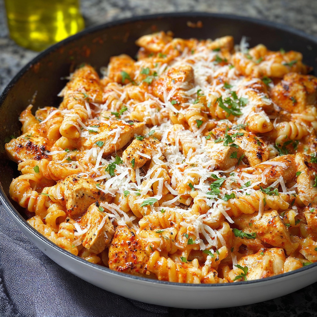A dish of chicken Parmesan pasta.