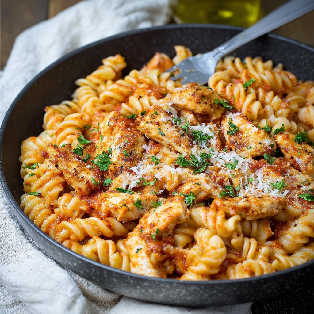 A bowl of chicken Parmesan pasta.