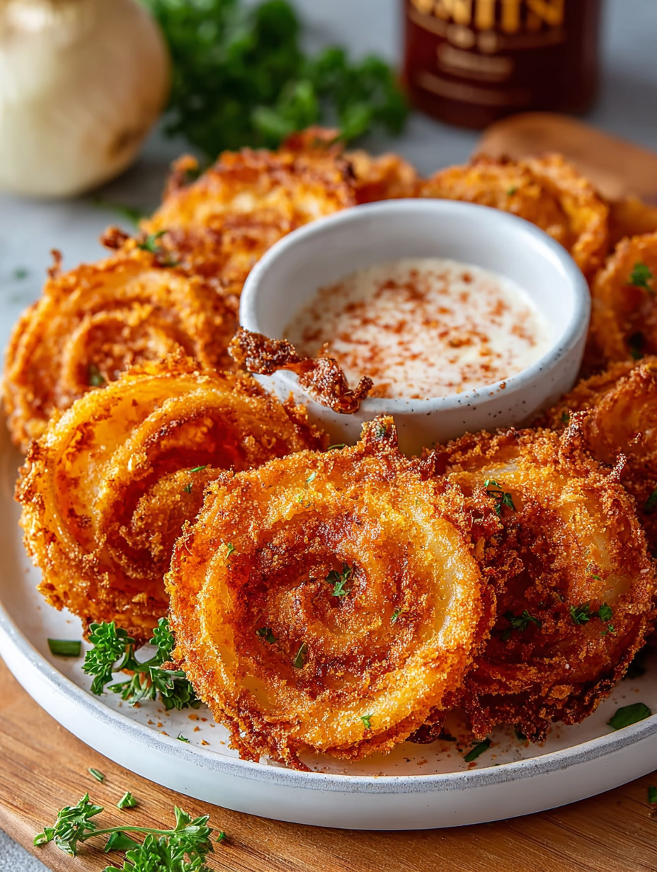 A plate of onion rings with a bowl of dipping sauce.