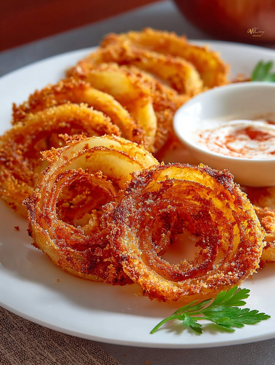 A plate of onion rings with a bowl of dipping sauce.