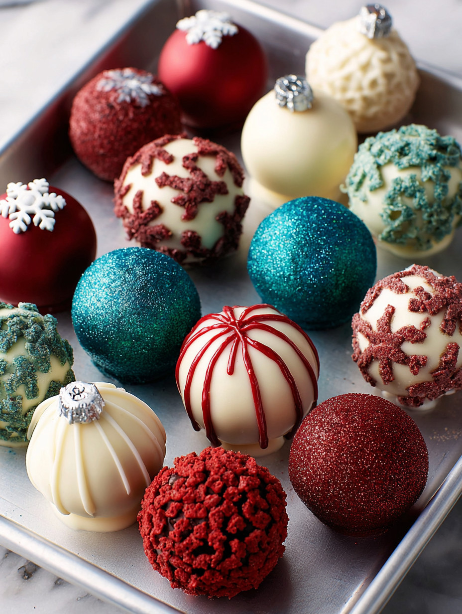 A box of cake balls with different colors and designs.