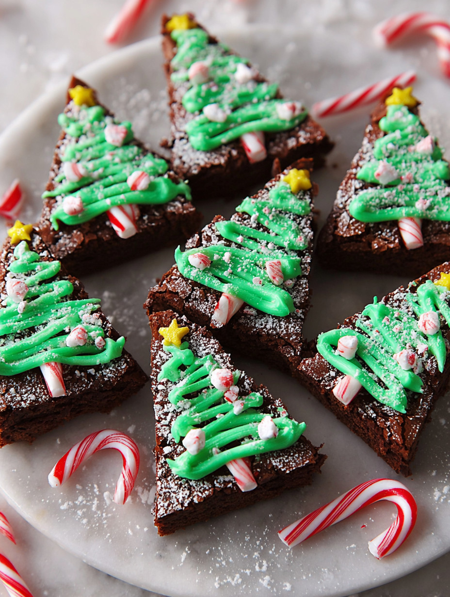 Brownies with green and white icing shaped like Christmas trees.