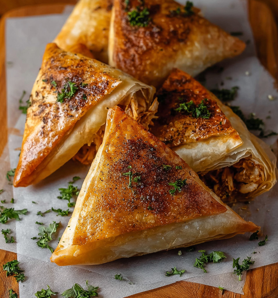 Three pieces of Moroccan Spiced Chicken Briouats.