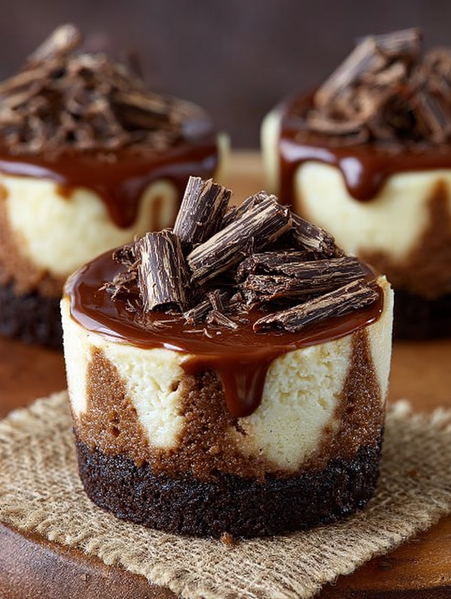 A chocolate and caramel cheesecake on a plate.