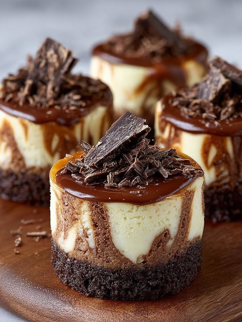 A close up of a mocha marble mini cheesecake.