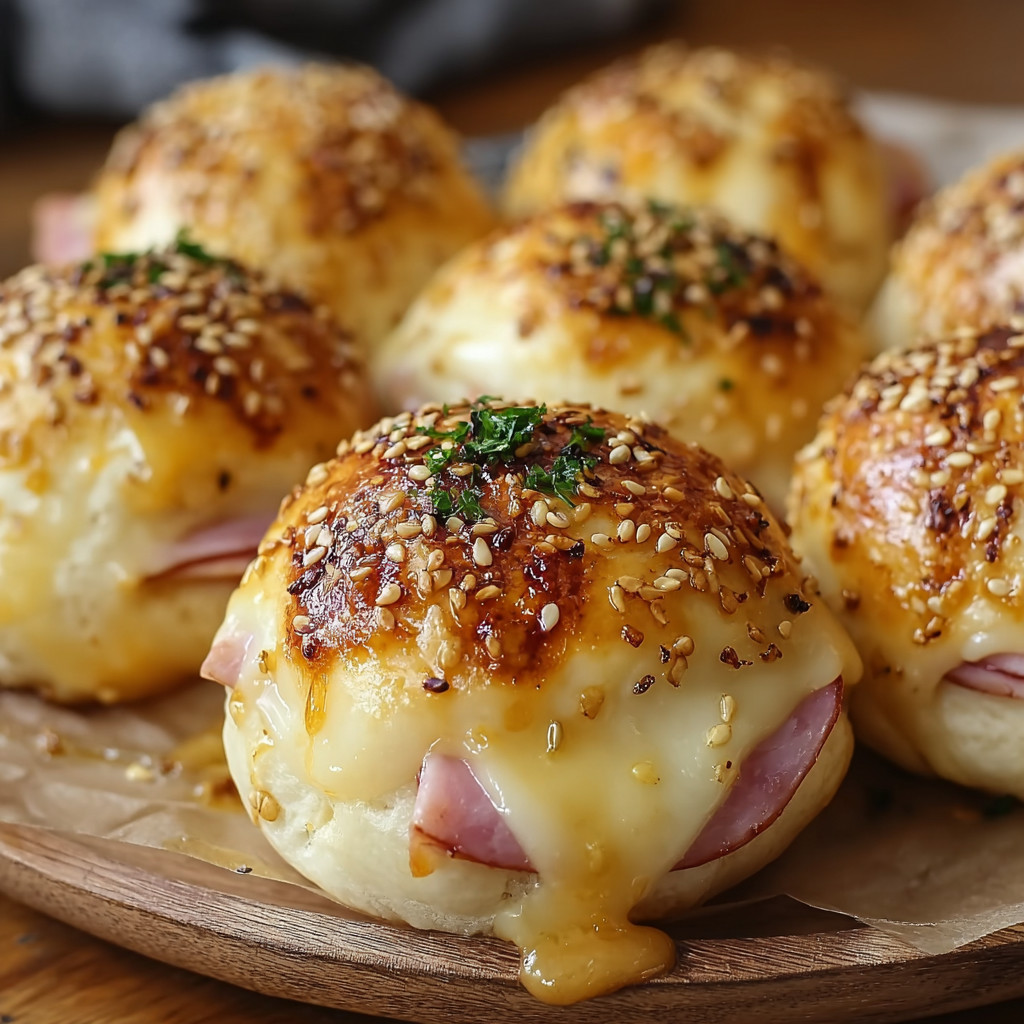 A plate of honey mustard ham and cheese bombs.