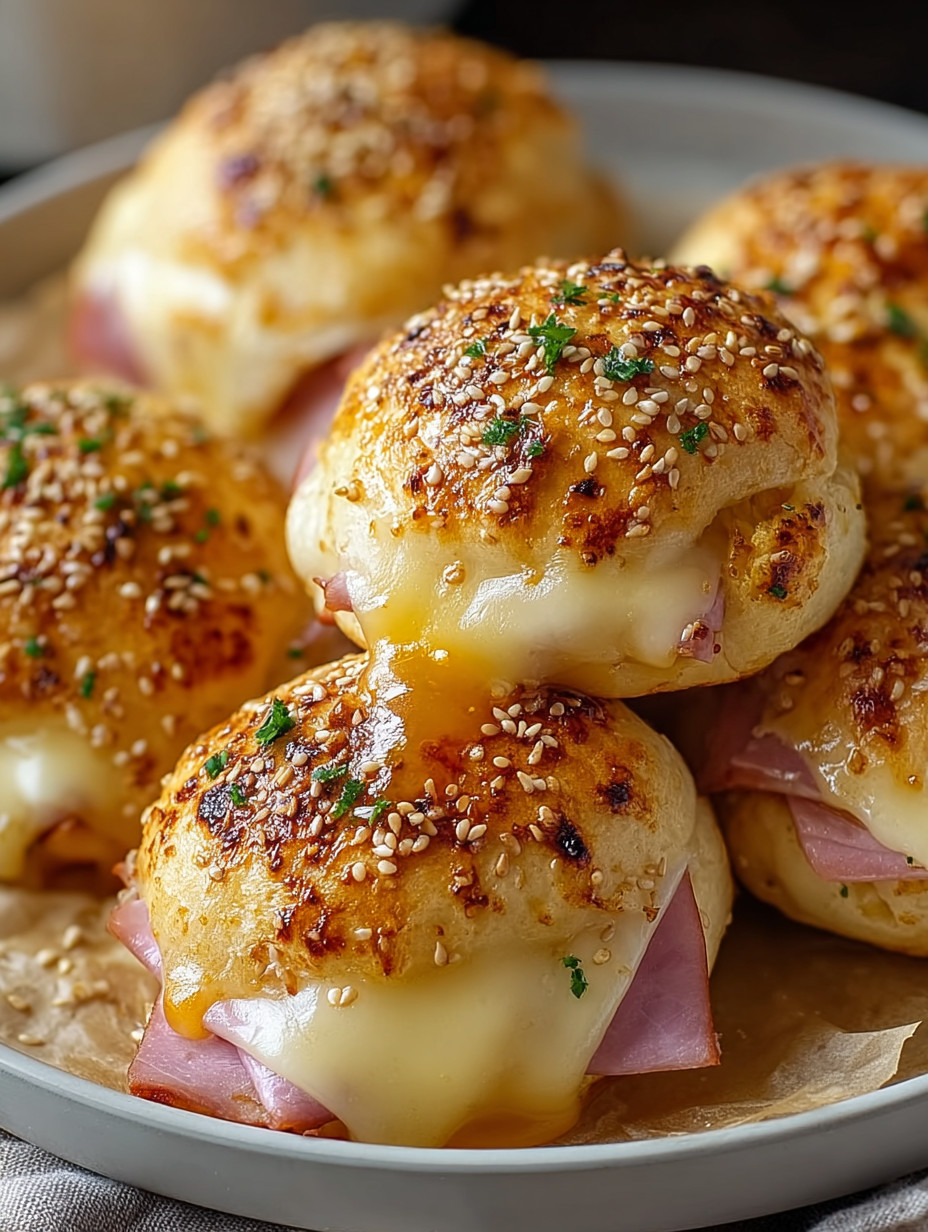 A plate of honey mustard ham and cheese bombs.