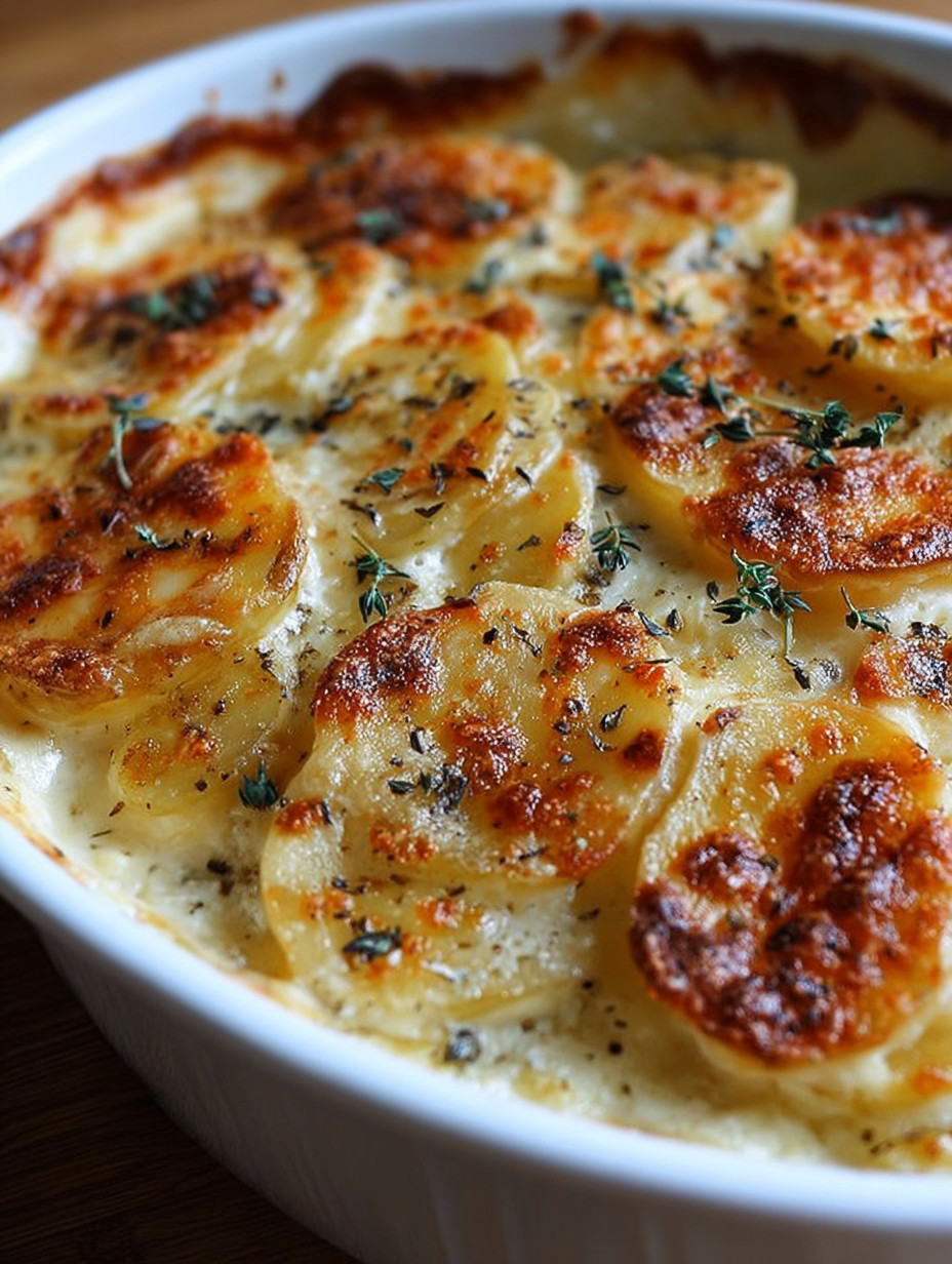 A dish of scalloped potatoes with a white bowl.