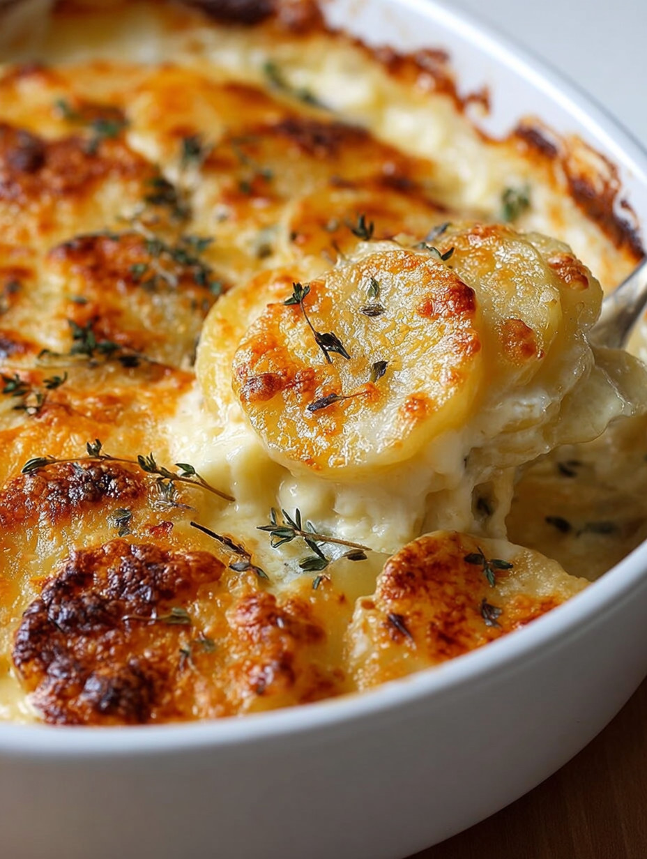 A dish of scalloped potatoes.