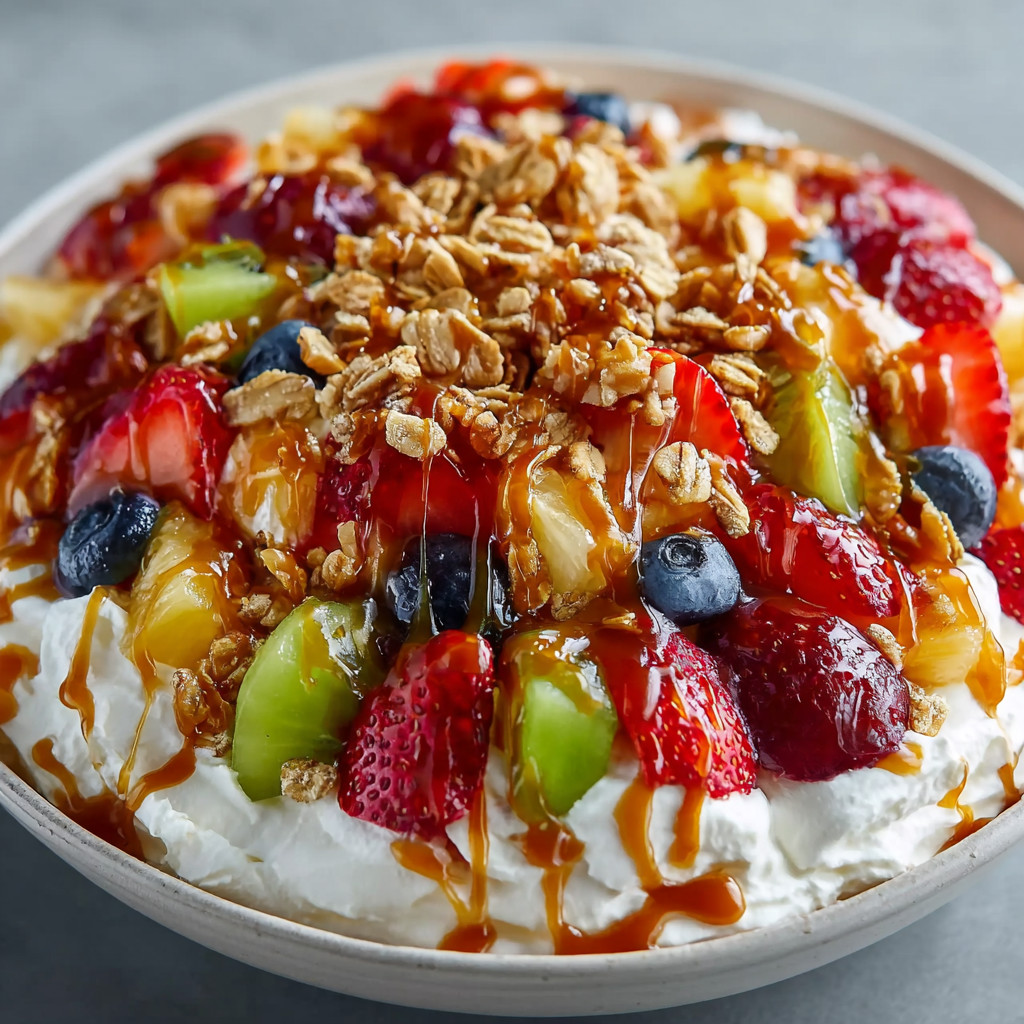A bowl of fruit salad with a caramel crunch topping.