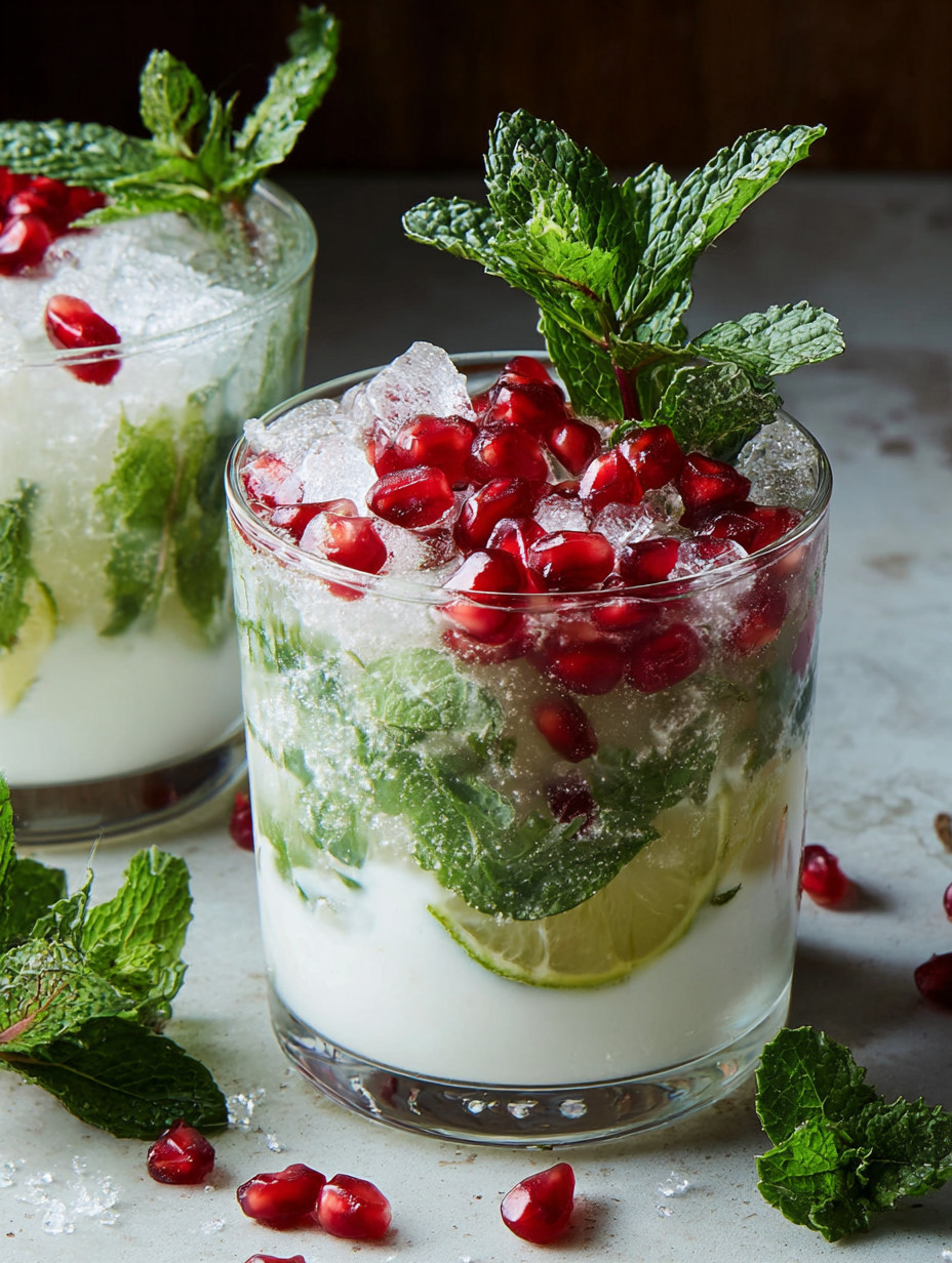 A glass of white Christmas Mojito with a slice of lime and a sprig of mint.