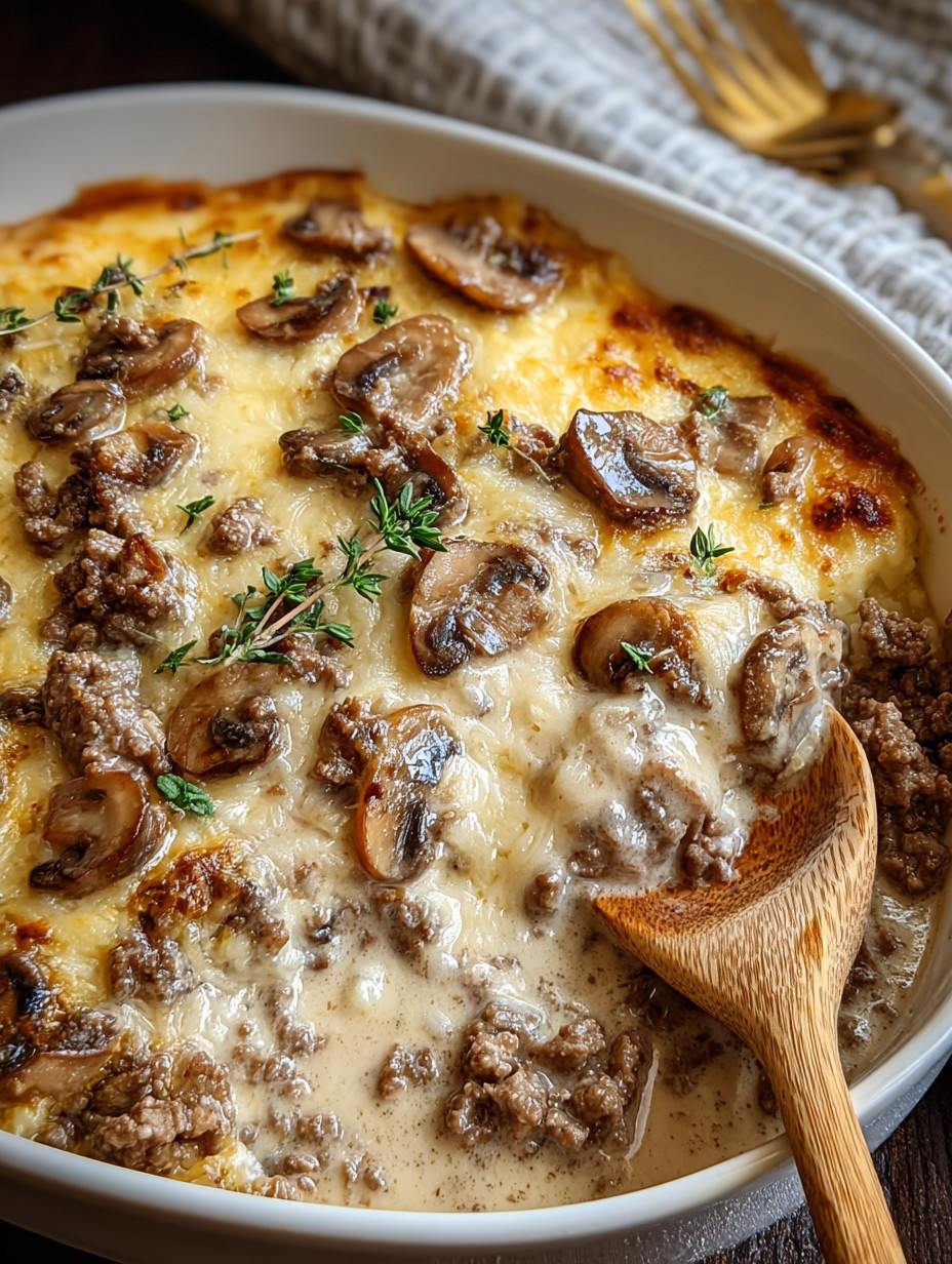 A creamy beef mushroom bake with a wooden spoon in it.