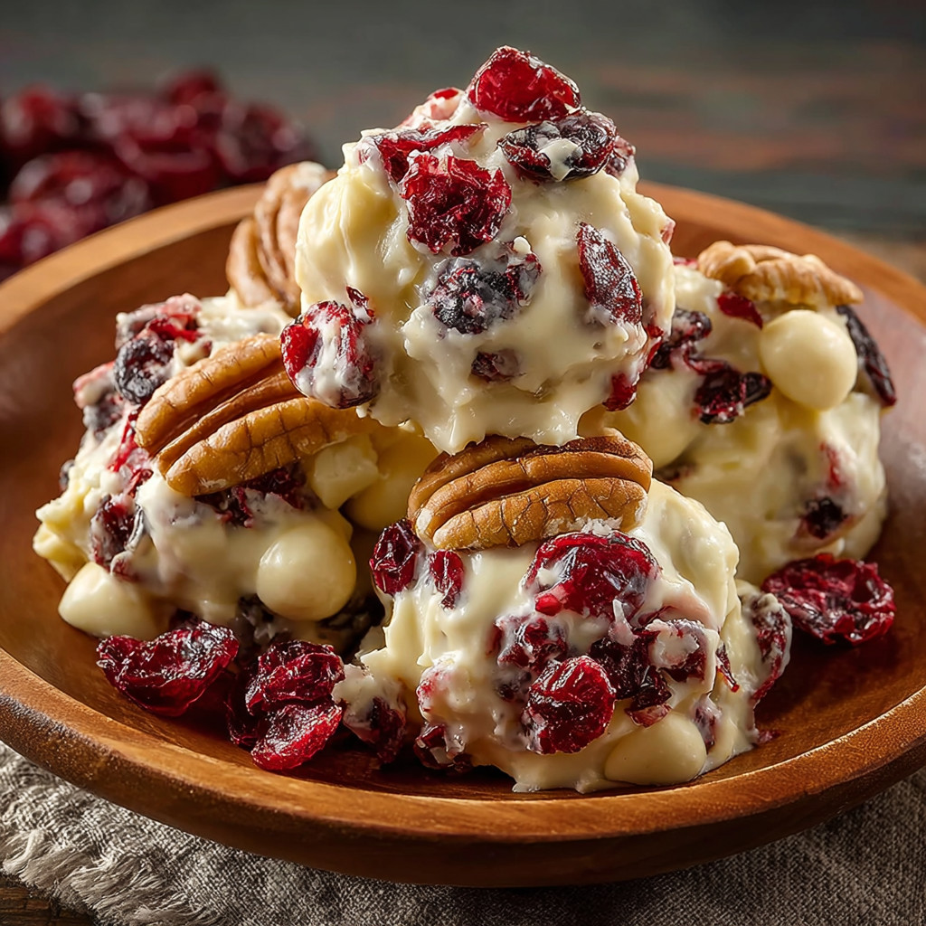 A bowl of white chocolate cranberry pecan clusters.