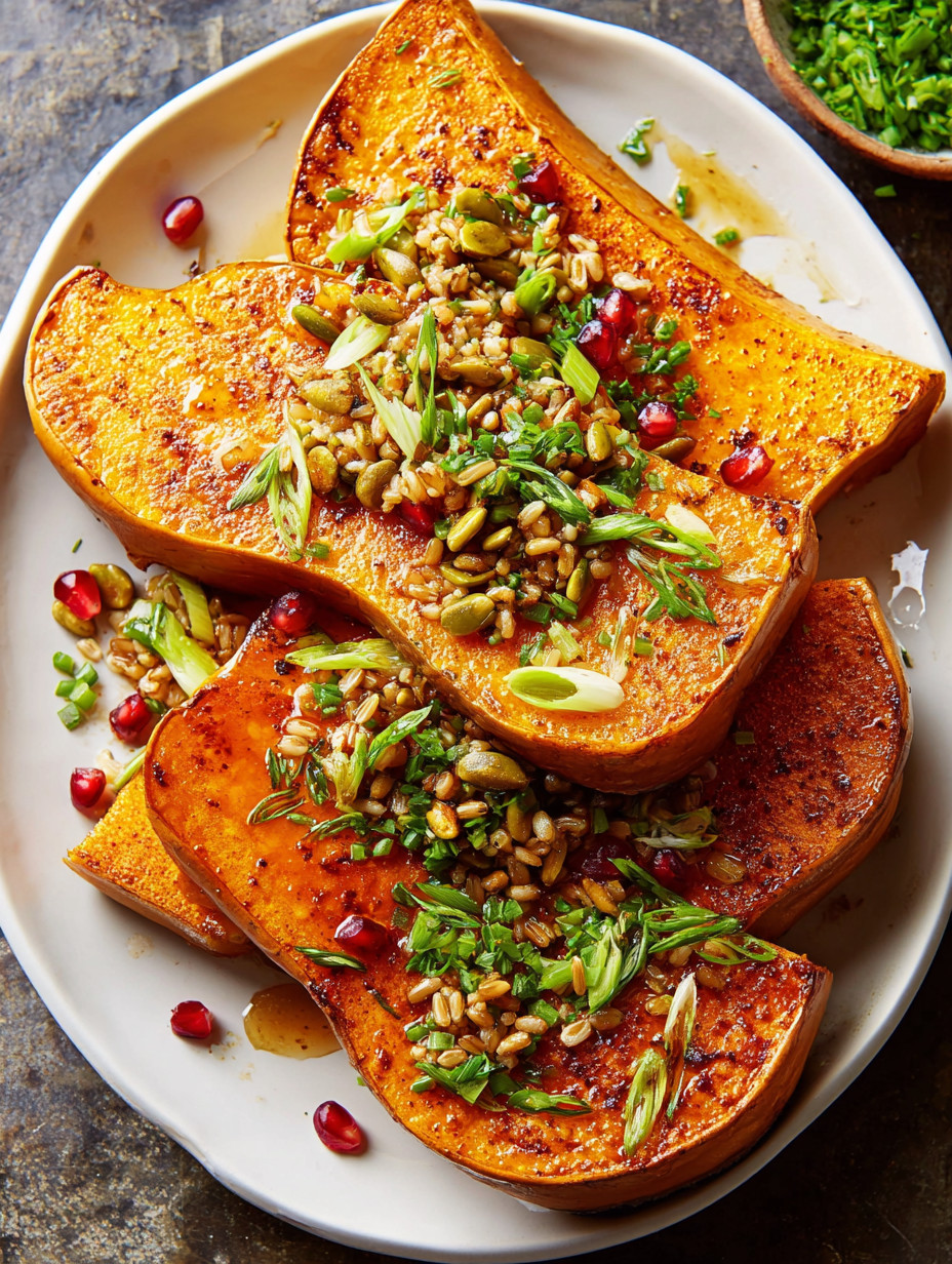 A plate of butternut squash steaks with seeds and herbs.
