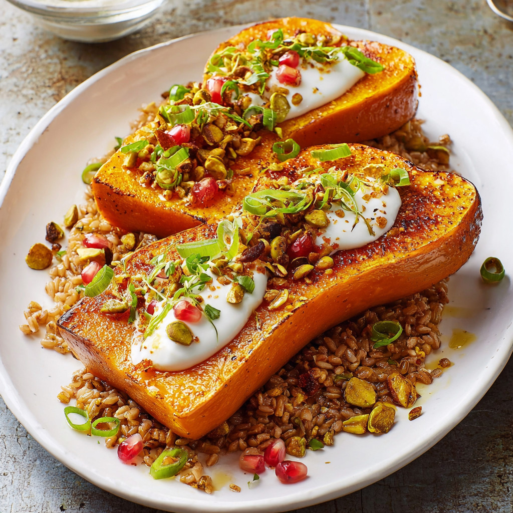 A plate of butternut squash steaks with rice and sauce.