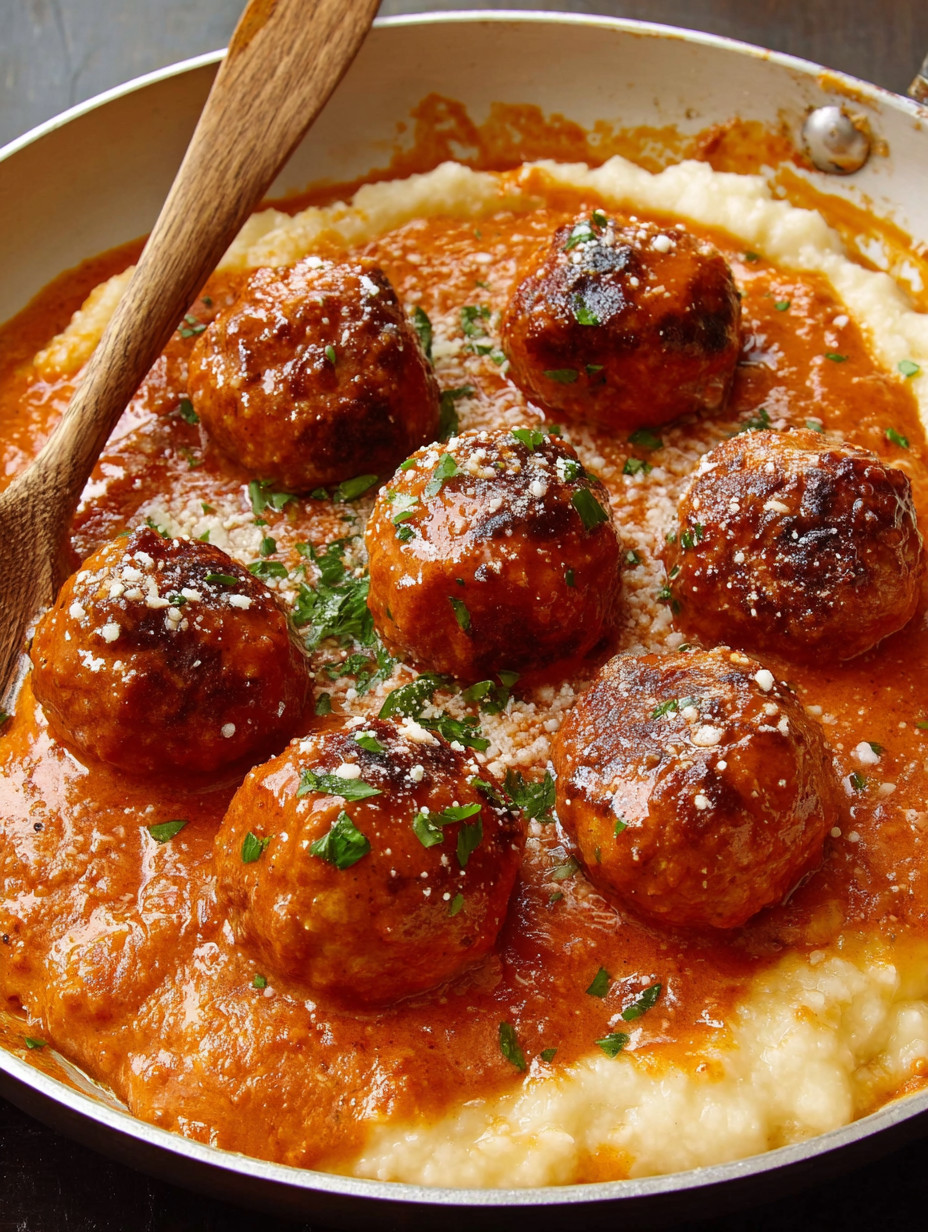 A plate of meatballs with a wooden spoon.
