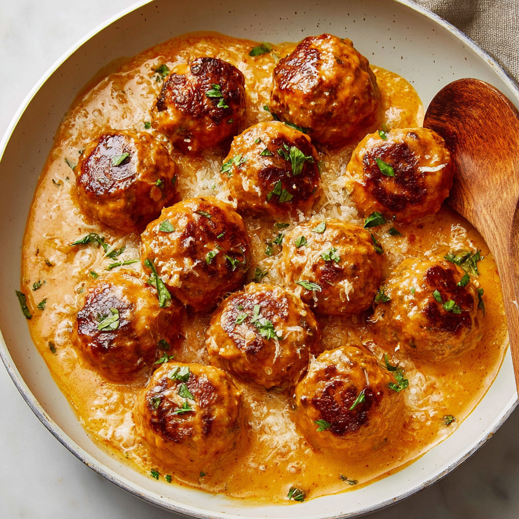 A bowl of meatballs in a creamy sauce.