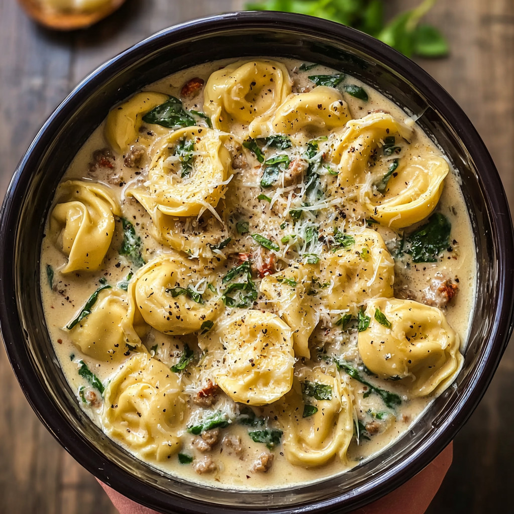 A bowl of creamy tortellini.