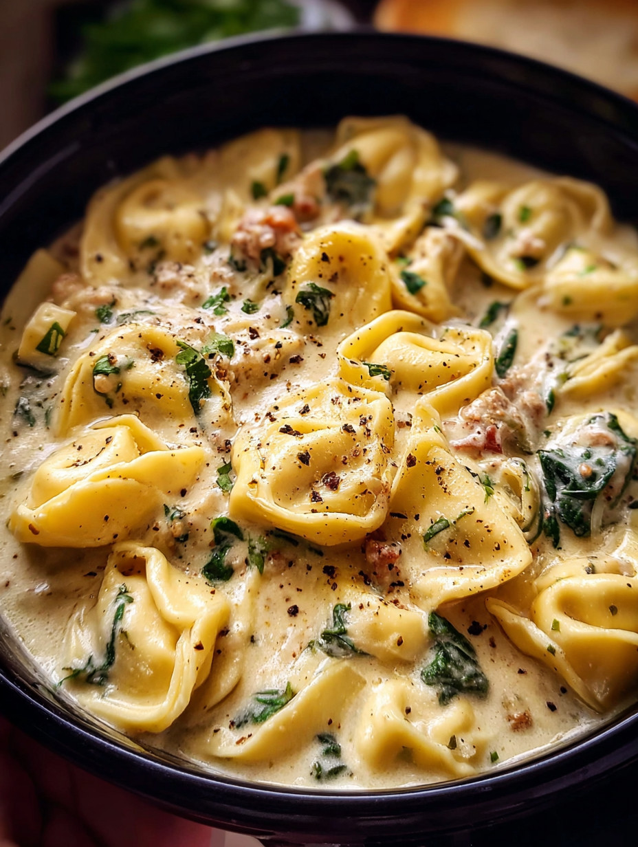 A bowl of creamy tortellini.