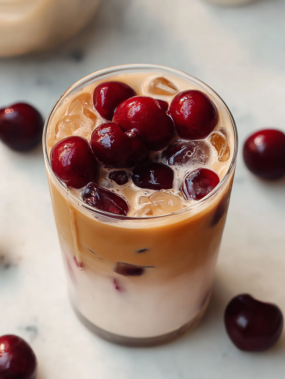 A glass of cherry vanilla iced latte.