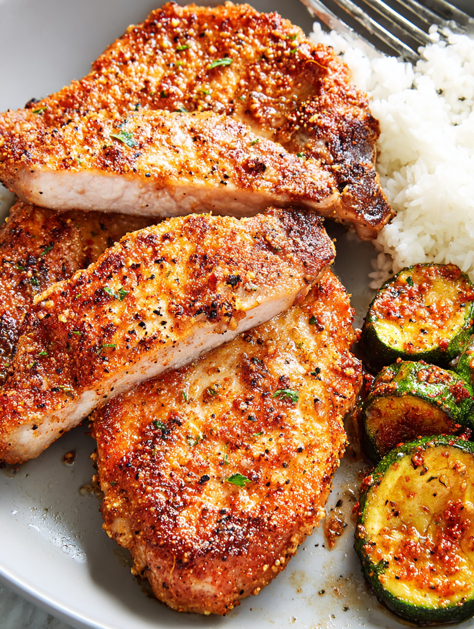 Air fryer pork chops with rice and zucchini.