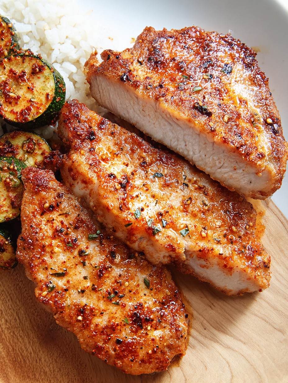 Air fryer pork chops with rice and vegetables.