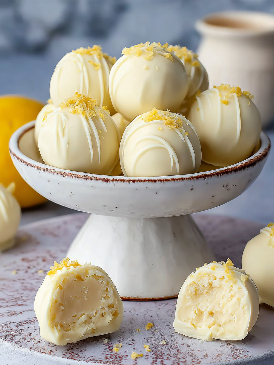 A bowl of lemon truffles with a yellow lemon on top.