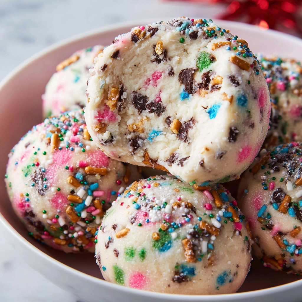 A bowl of colorful confetti cookie dough balls.