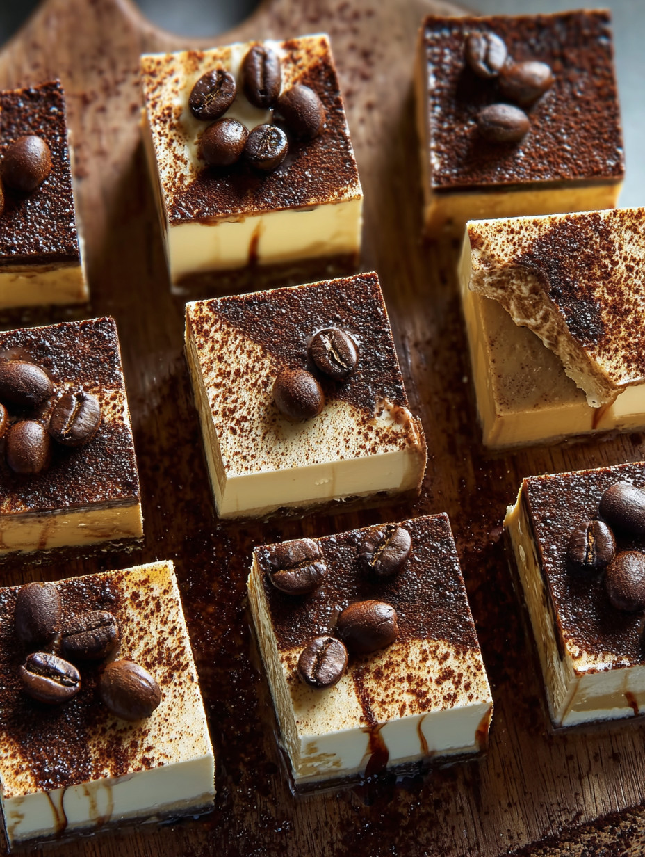 A close up of a piece of fudge with a coffee bean on top.