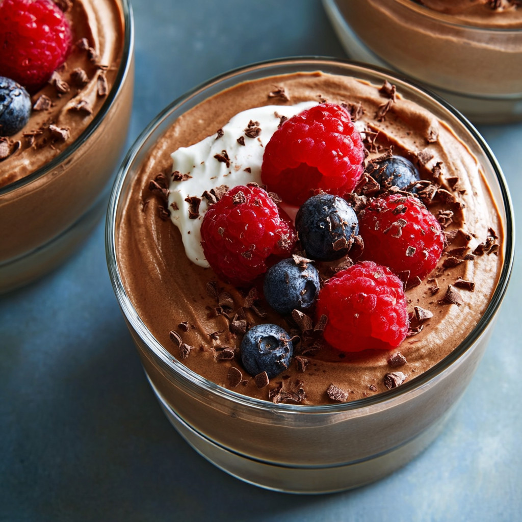 A glass of high-protein mousse with raspberries and blueberries.