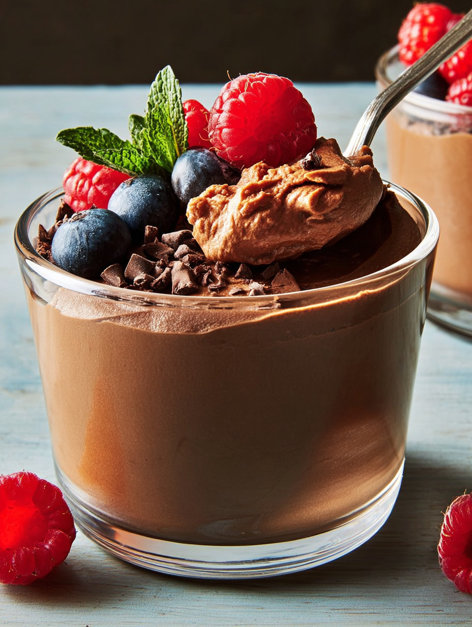 A glass of high-protein mousse with raspberries and blueberries.