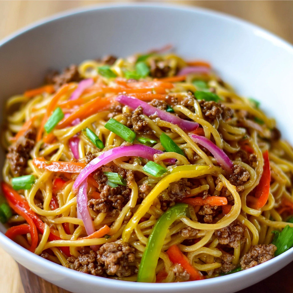 A bowl of ground beef lo mein.