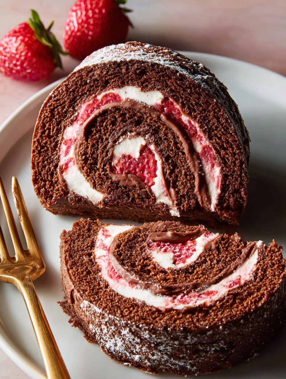 A slice of chocolate-covered strawberry swiss roll cake.