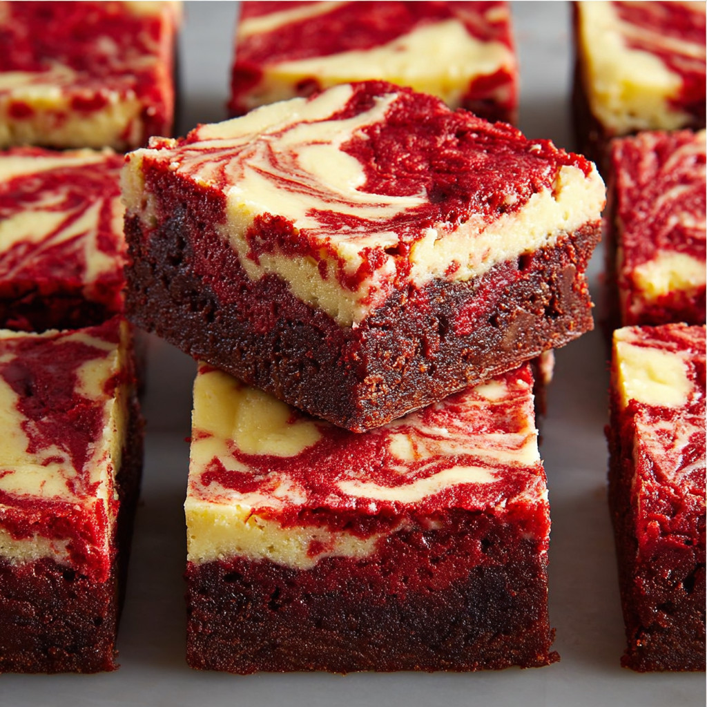 A stack of red velvet cheesecake brownies.