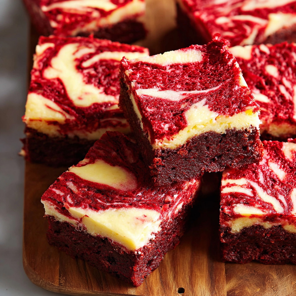 A wooden cutting board with slices of red velvet cheesecake brownies.